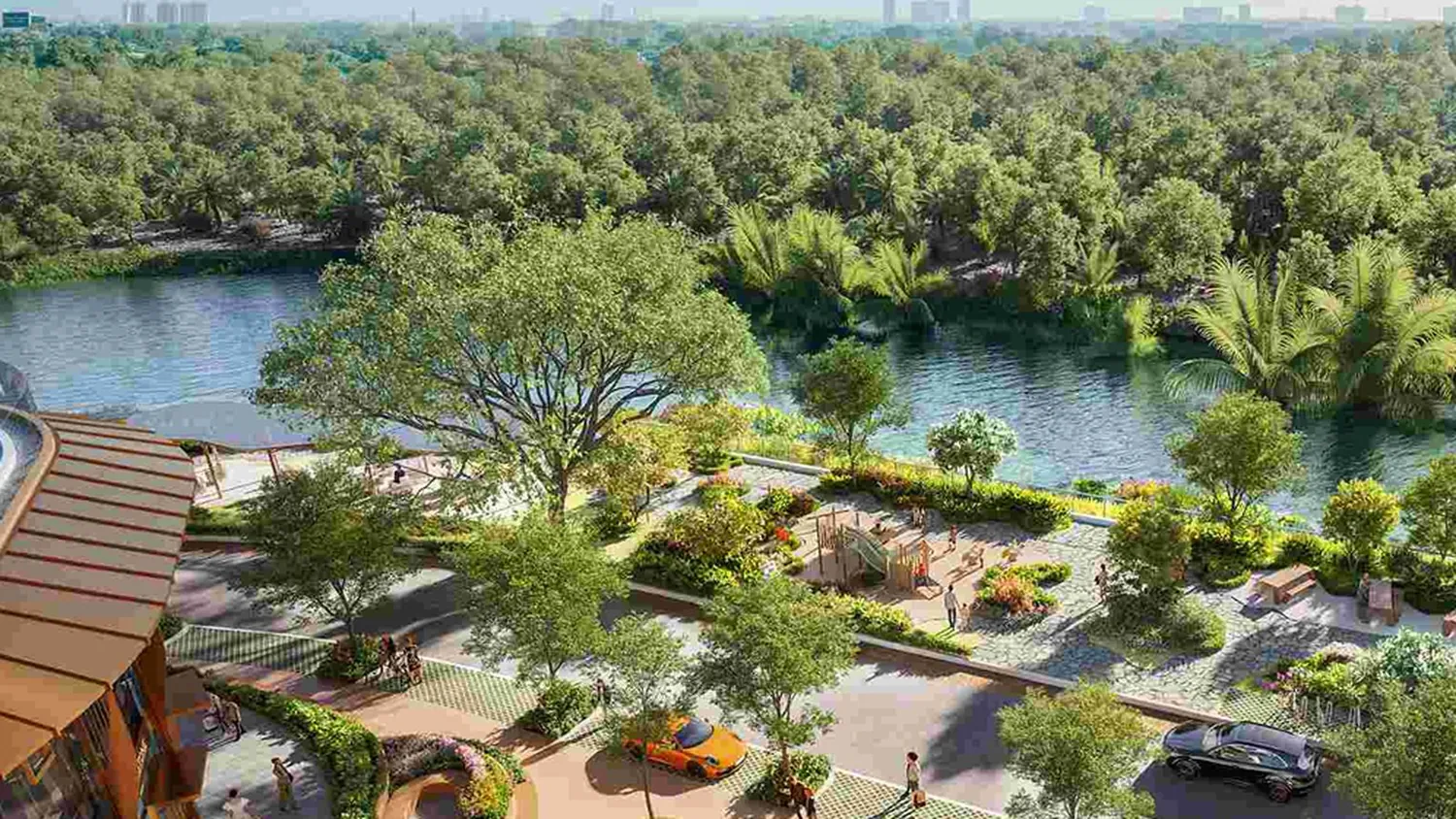 Tầm nhìn từ căn hộ Eaton Park xuống tầng trệt: công viên, mặt nước và rừng ngập mặn phía xa.