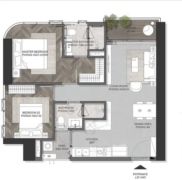 Mặt bằng căn hộ 2 phòng ngủ Eaton Park, tháp Alpine, loại B2.1b