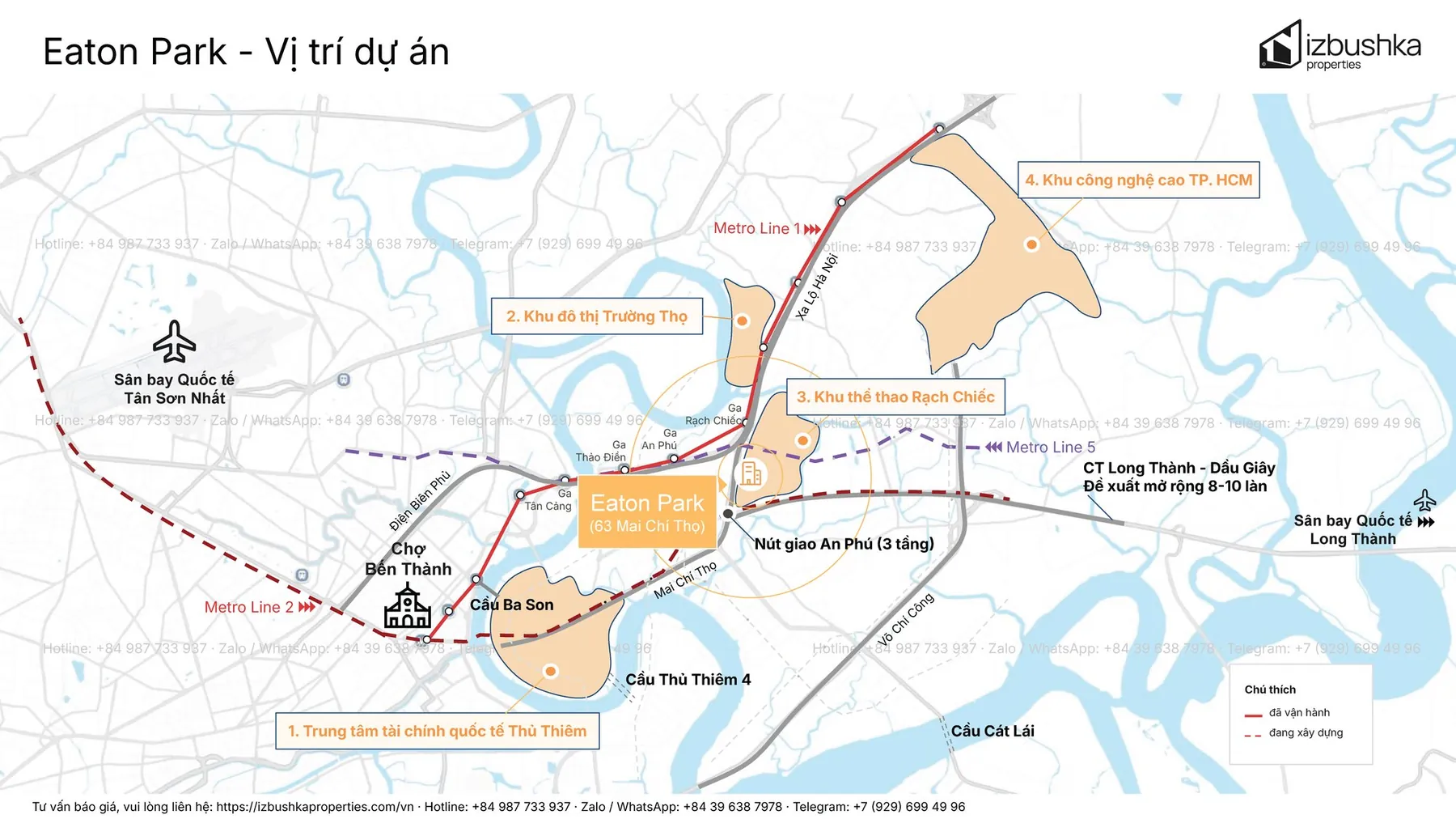 Location map: Eaton Park on Mai Chi Tho Boulevard, with the An Phu Interchange, Metro Lines 1 and 2, the Thu Thiem International Financial Centre, the Truong Tho future urban area, the Nam Rach Chiec sports complex, the Hi-Tech Park, the Thu Thiem 4 and Cat Lai bridges and the Long Thanh–Dau Giay Expressway.