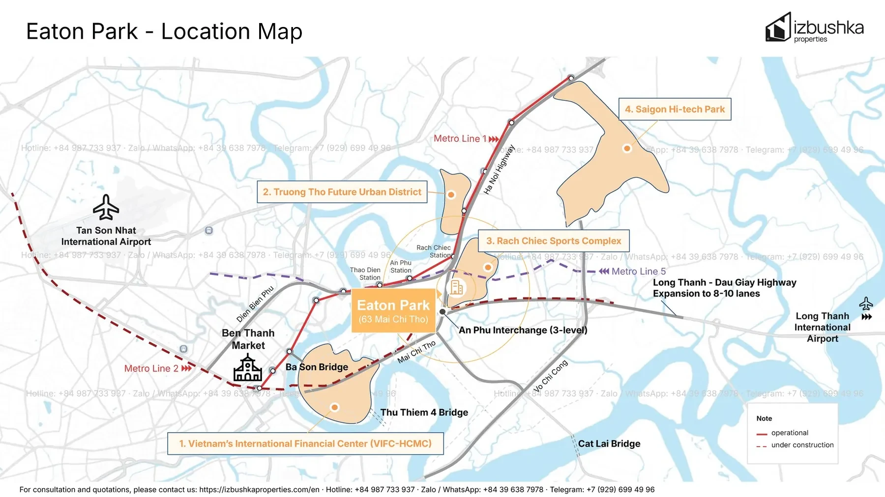 Location map: Eaton Park on Mai Chi Tho Boulevard, with the An Phu Interchange, Metro Lines 1 and 2, the Thu Thiem International Financial Centre, the Truong Tho future urban area, the Nam Rach Chiec sports complex, the Hi-Tech Park, the Thu Thiem 4 and Cat Lai bridges and the Long Thanh–Dau Giay Expressway.