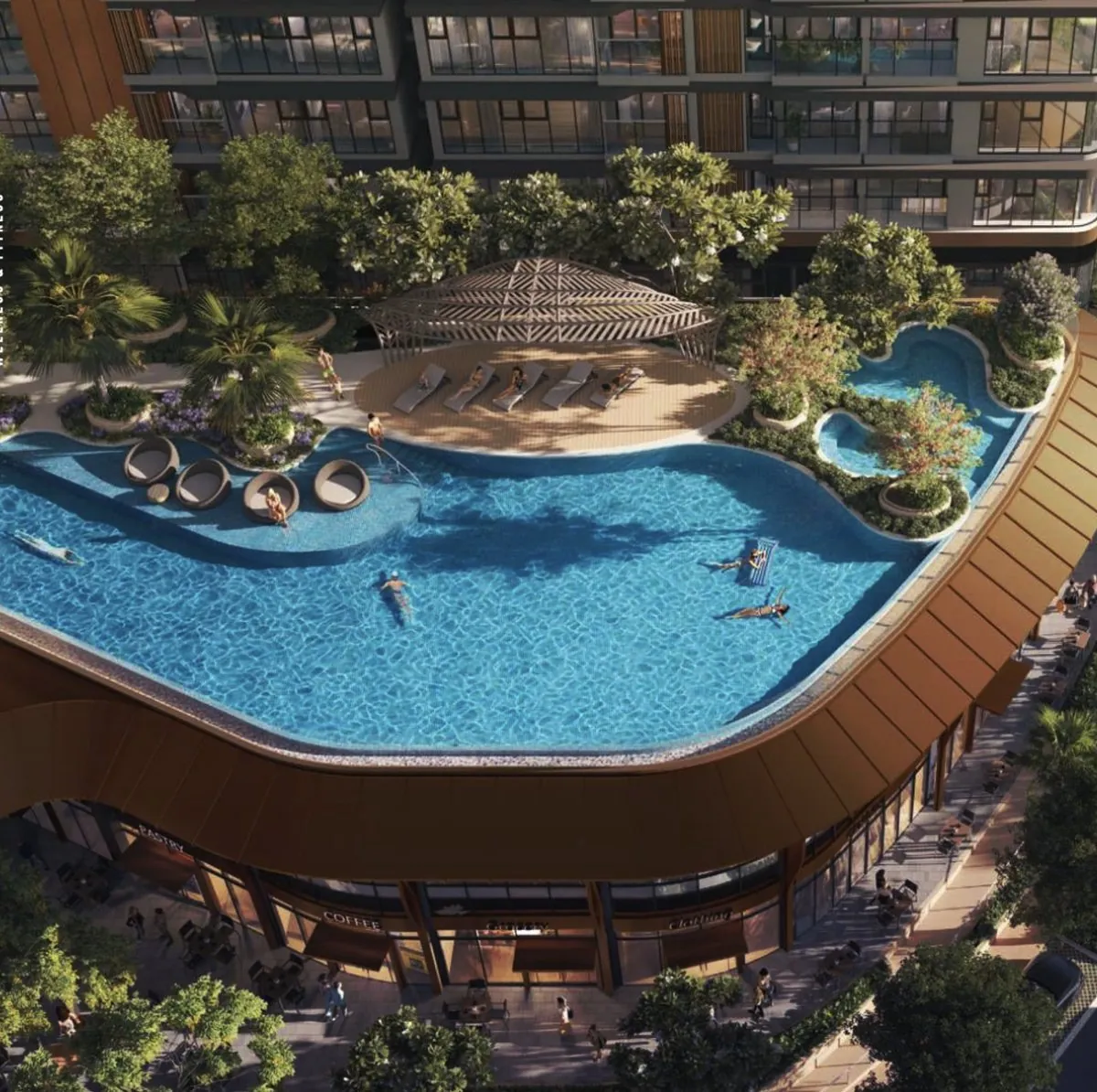 Hình phối cảnh hồ bơi trên khối đế căn hộ Eaton Park, với cabana, sân tắm nắng và dãy cửa hàng bên dưới.