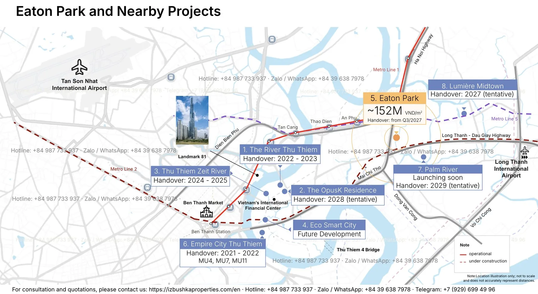 Map showing the location of Eaton Park and nearby projects in the eastern corridor of Ho Chi Minh City, with each project's handover date.