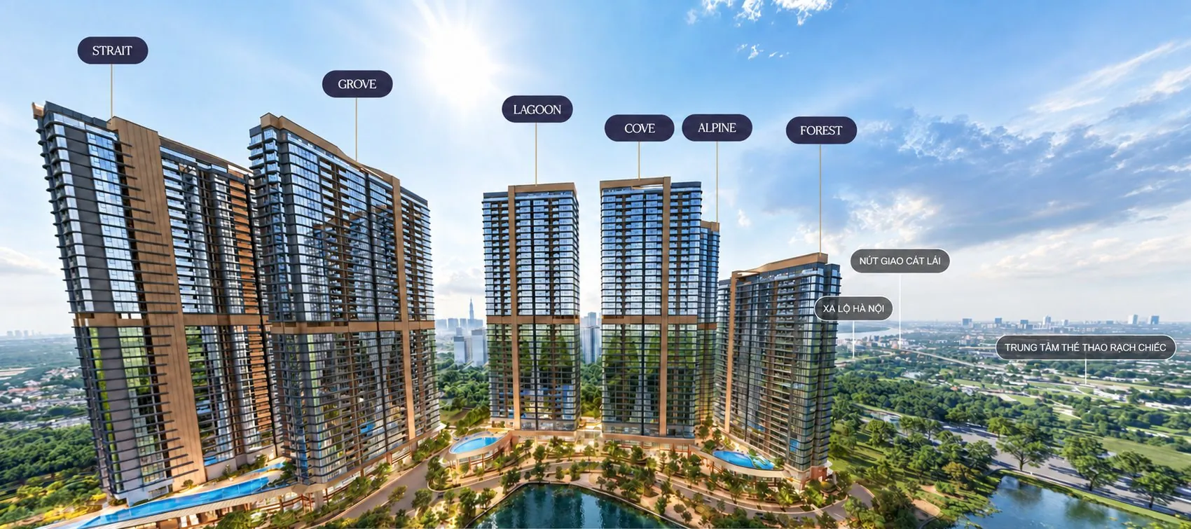 Phối cảnh Eaton Park nhìn từ phía tây: tháp Strait và Grove phía trước, Lagoon, Cove, Alpine và Forest phía sau, rạch Bà Dạt và công viên bên dưới, nút giao Cát Lái và Khu liên hợp Thể thao Rạch Chiếc phía xa.