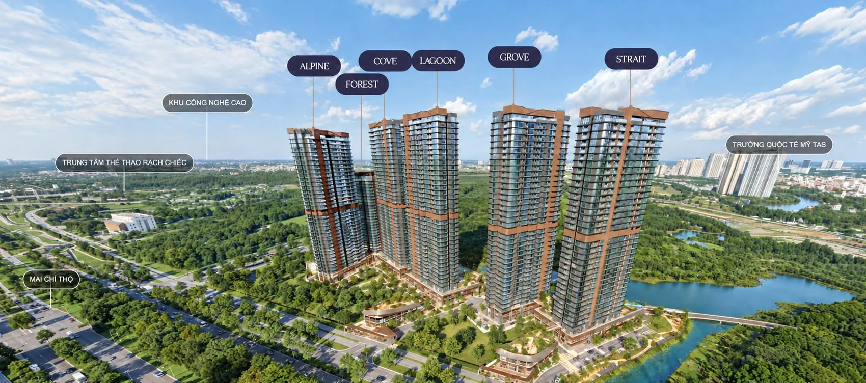 Phối cảnh Eaton Park nhìn từ phía bắc: tháp Alpine và Forest phía trước, Grove và Strait phía sau, đại lộ Mai Chí Thọ bên trái, Khu Công nghệ cao và Khu liên hợp Thể thao Rạch Chiếc phía xa, rạch Bà Dạt bên phải.