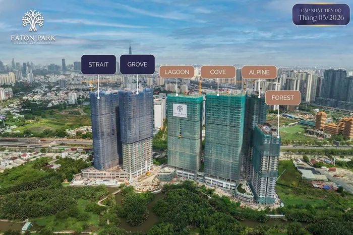 Ảnh chụp tiến độ Eaton Park từ trên cao, tháng 5 năm 2026, ghi rõ sáu tòa tháp: Strait và Grove dưới lưới xanh dương, Lagoon, Cove, Alpine và Forest dưới lưới xanh lá.